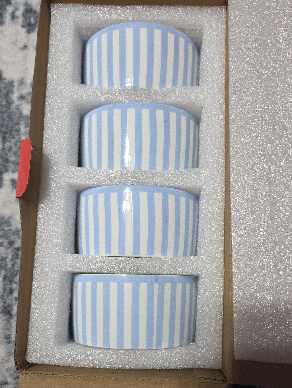 Blue and White Striped Ceramic Food Storage Bowls - Set of 4